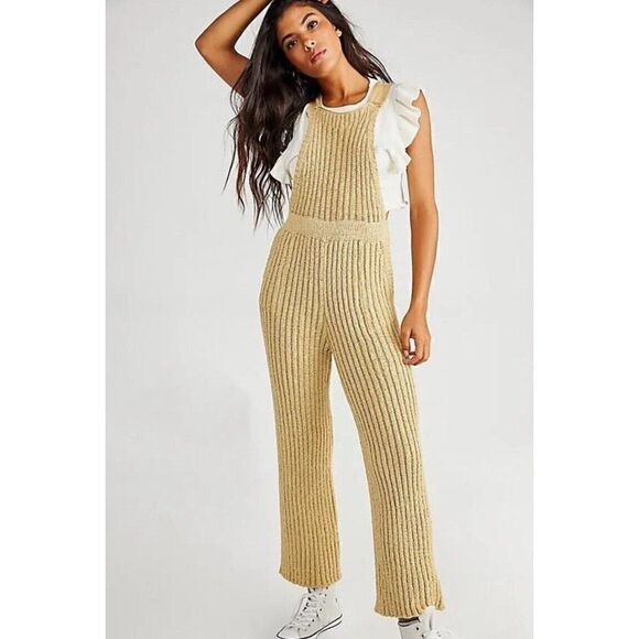 NEW FREE PEOPLE COHEN KNIT SWEATER SET RIBBED OVERALLS RUFFLE TOP SET